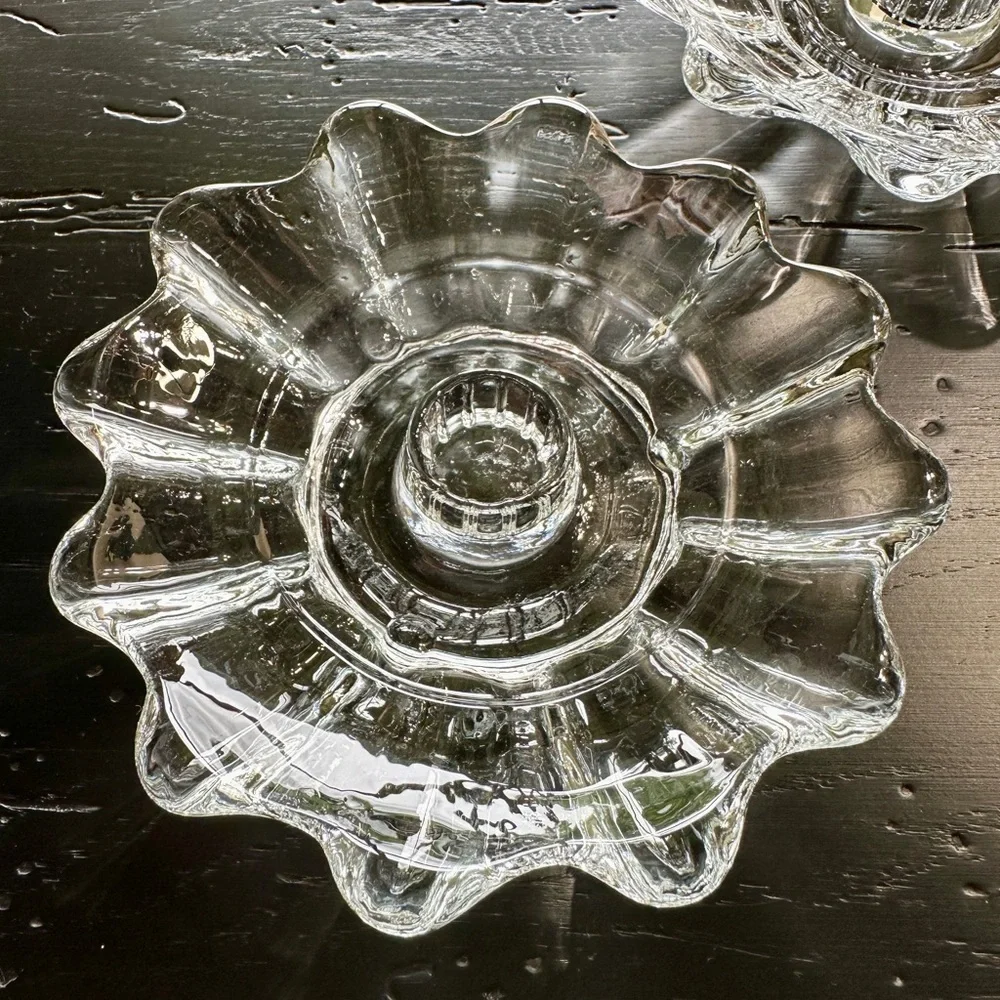 VINTAGE, PRESSED GLASS, CLEAR, FLOWER SHAPED, CANDLE HOLDERS.